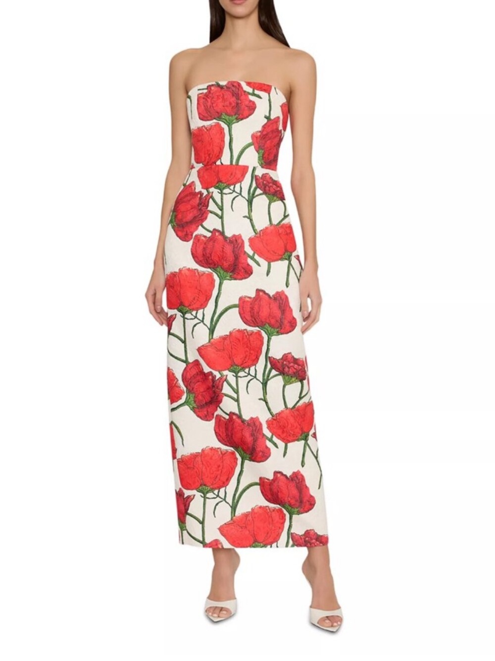New! Milly Strapless White Maxi Dress red poppy